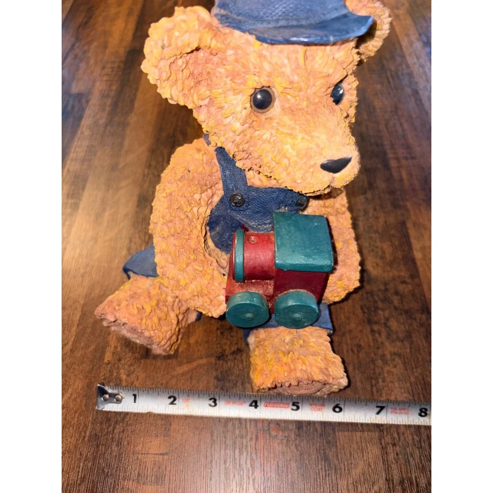 Vintage Resin Teddy Bear Coin Bank Engineer Hat Overalls with Toy Train Figurine
